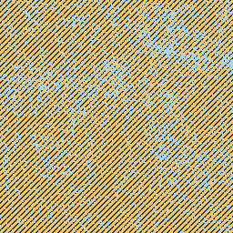 Provenance overlay for sample 0: orange hatch shows invented regions, blue dots show recovered regions